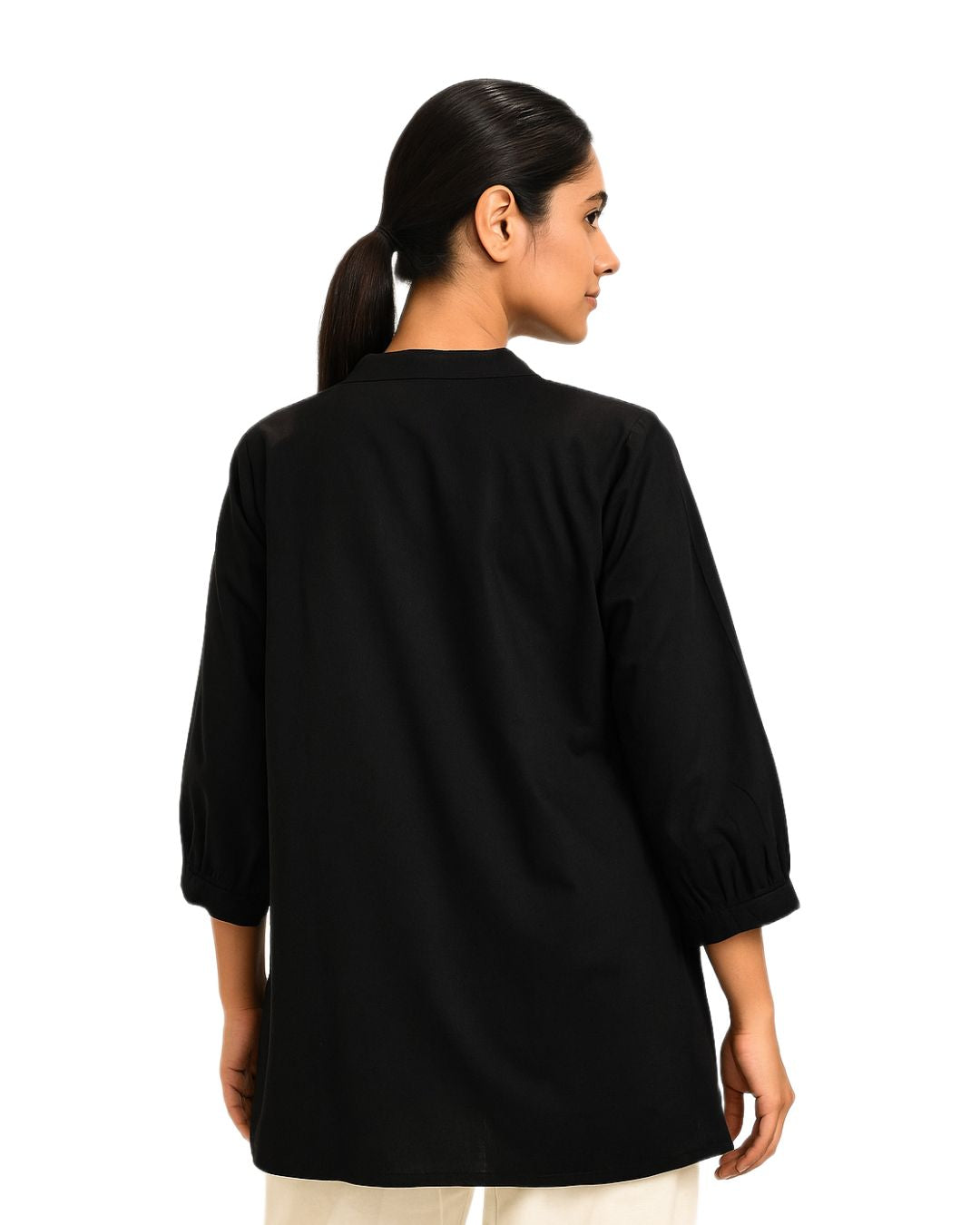 Woman wearing a black shirt on a white background