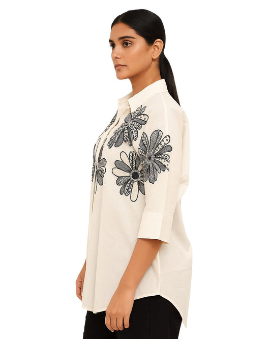 White Floral Embroidered Cotton Shirt Tunic – M to XXL
