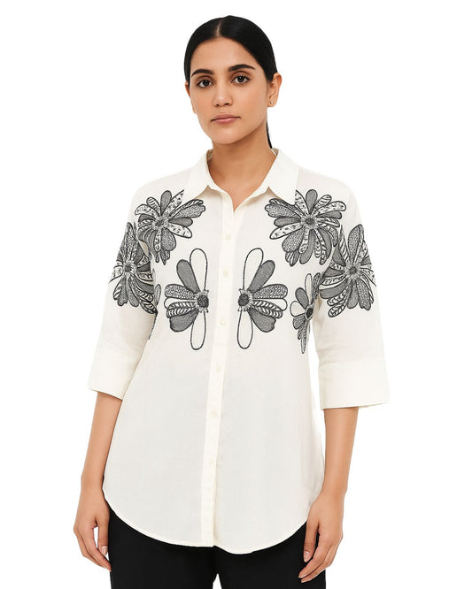 White Floral Embroidered Cotton Shirt Tunic – M to XXL