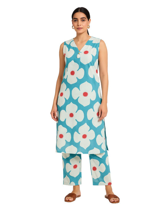 YFS Sleeveless Cotton Plazo Cord Set – Aqua Bloom Collection