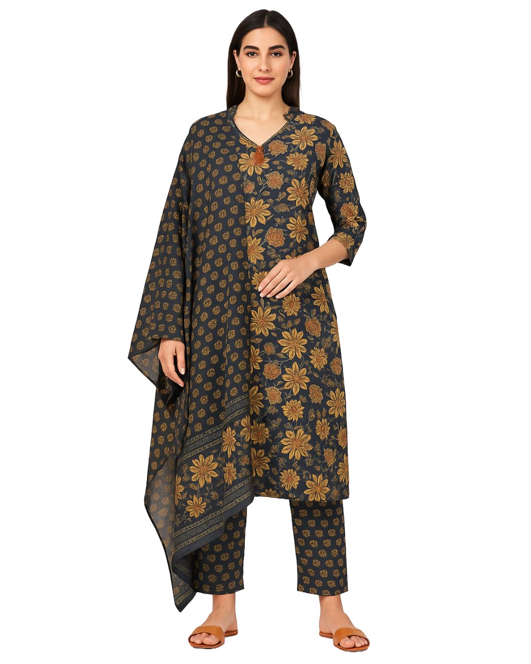 YFS Pure Cotton Suit Set with Dupatta – Navy Blue & Golden Floral Print