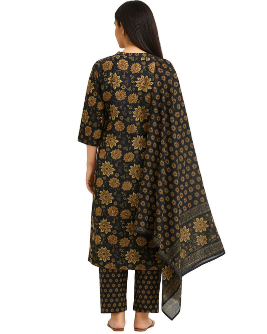 YFS Pure Cotton Suit Set with Dupatta – Navy Blue & Golden Floral Print