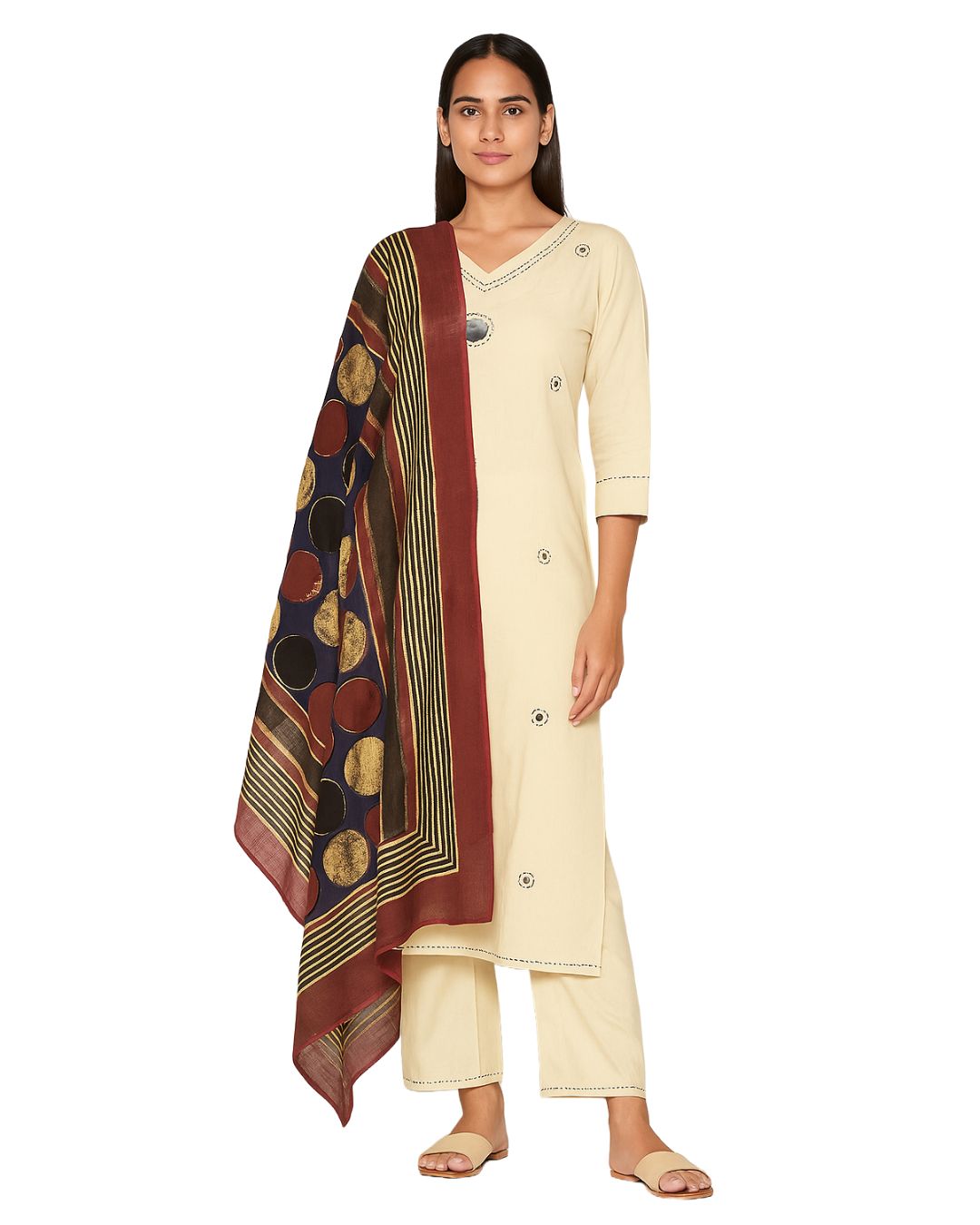 Off White Cotton Khadi Suit Set with Little Mirror Work & Printed Dupatta – Elegant Women’s Ethnic Wear