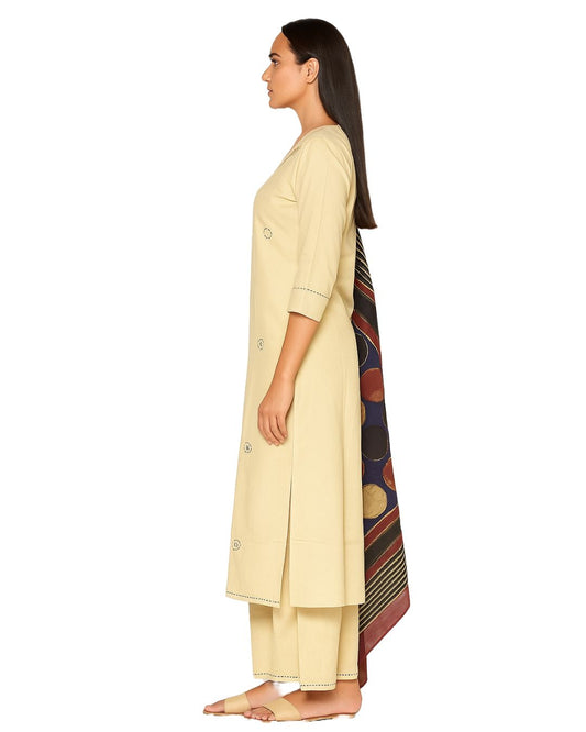 Off White Cotton Khadi Suit Set with Little Mirror Work & Printed Dupatta – Elegant Women’s Ethnic Wear