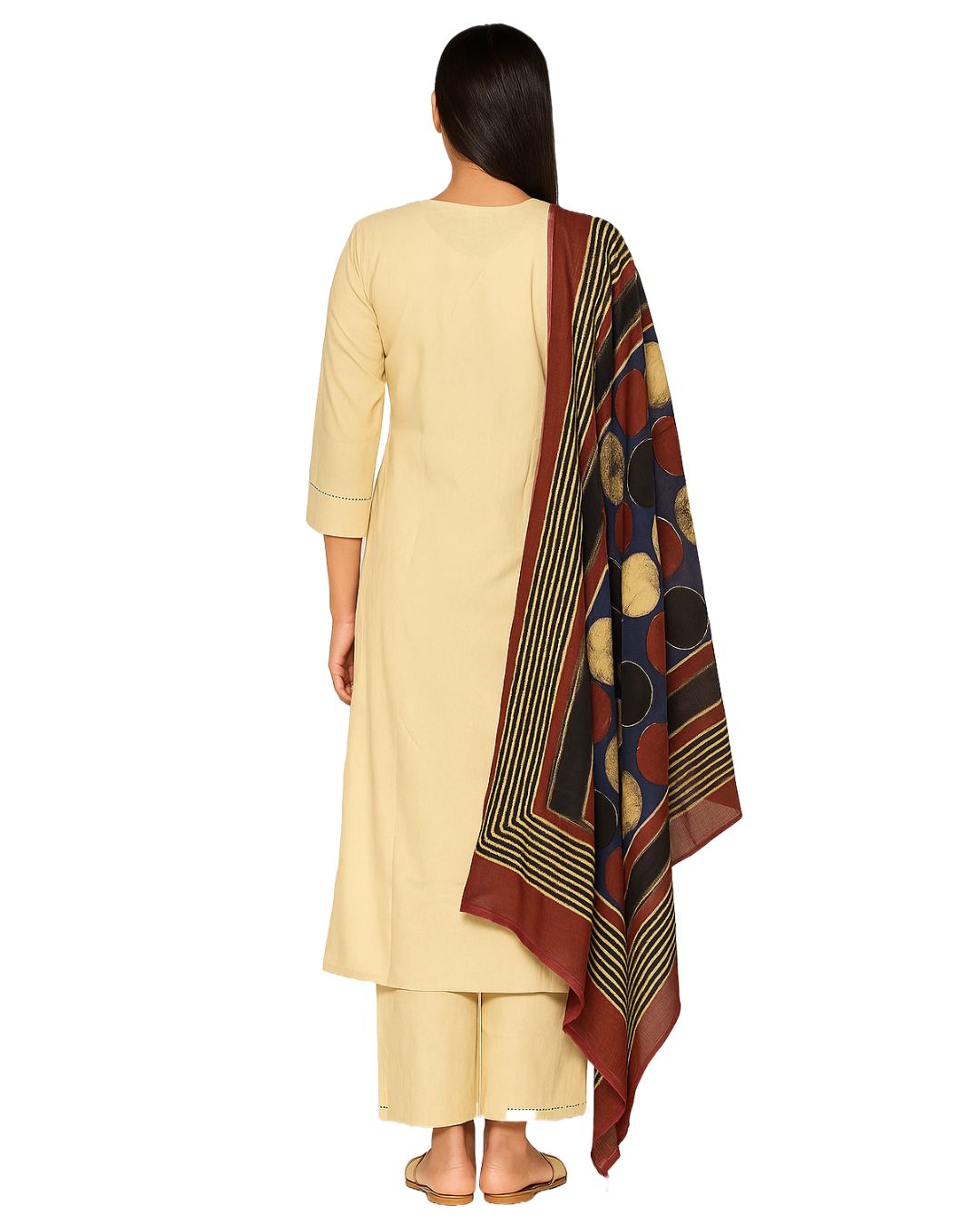 Off White Cotton Khadi Suit Set with Little Mirror Work & Printed Dupatta – Elegant Women’s Ethnic Wear